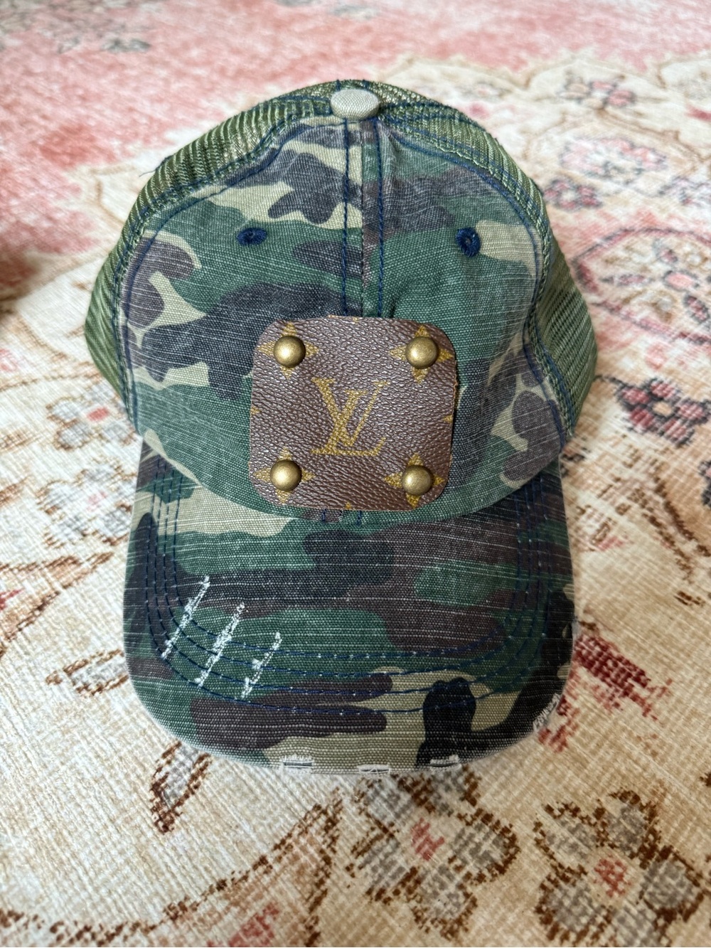 Green Camo Baseball Cap with LV Patch